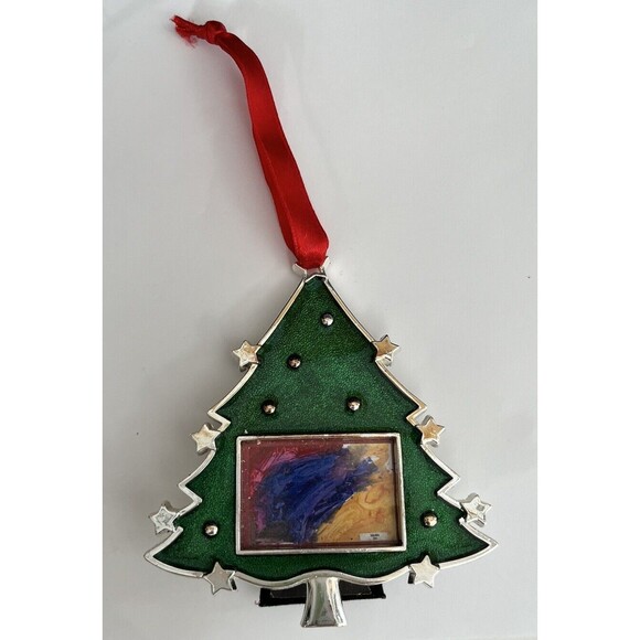 Green Enamel Silver Christmas Tree Photo Frame Red Ribbon Ornament Holiday Mes - Picture 2 of 3